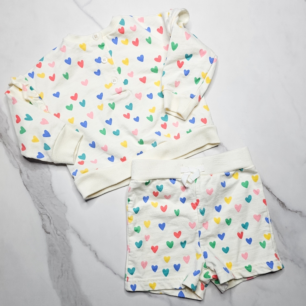 Babies Cream Long Sleeve Set w/ Multi-colored Hearts for Sz 12 Months